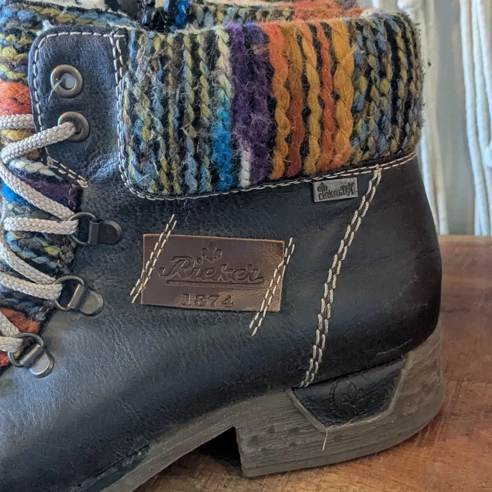 Rieker Black Leather Lace-Up Ankle Boots with Multi-Color Knit Cuff - Size 41